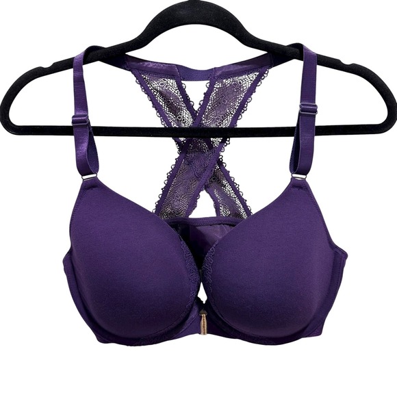Cacique Womens 38DD Purple Cotton Blend Front Close Lace Racerback Bra - Picture 1 of 5